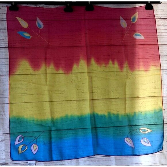 New Fennysun Woman Square Scarf Ombre Red Blue Yellow Crepe Lightweight 26*26" - Picture 7 of 10